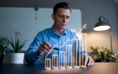 Businessman Analyzing Colorful 3D Bar Graph Chart with Growth Arrow in Office Environment






Businessman Analyzing Colorful 3D Bar Graph Chart with Growth Arrow in Office Environment










