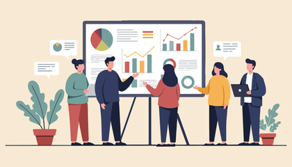 Business Teamwork and Data Analysis Illustration Office Meeting, Analytics, Growth Strategy.
