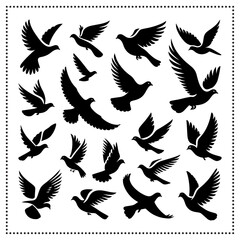 Collection of Black Dove Silhouettes in Flight
