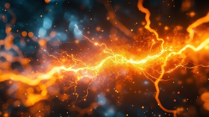 Bright orange lightning strikes with blue bokeh background elements. Excellent for science, technology, and abstract background concepts.