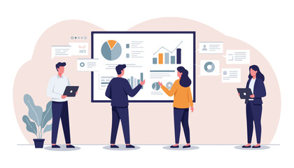 Business Teamwork and Data Analysis Illustration Office Meeting, Analytics, Growth Strategy.