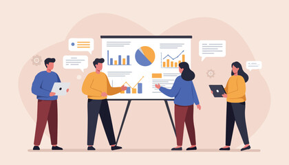 Business Teamwork and Data Analysis Illustration Office Meeting, Analytics, Growth Strategy.
