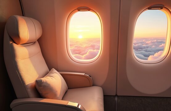 Luxury plane seat near window with sunrise over clouds. Comfortable chair, cozy pillow, travel, transport concept, aviation. Holiday, vacation, trip, journey, tour, tourism, airline, class, aircraft. - Powered by Adobe