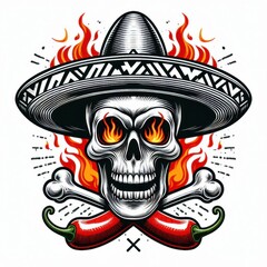 Fototapeta premium Skull wearing a sombrero, with crossed chili peppers and flames. White background. Space for text.