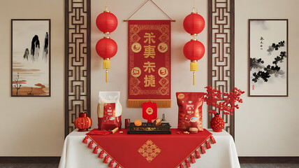 Chinese New Year celebration rice lanterns and festive decor Red and gold theme