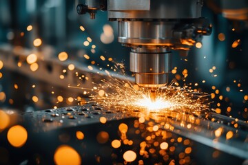 Metal laser cutting machine precisely cuts with bright sparks flying. This image shows industrial precision, technology, or manufacturing processes.