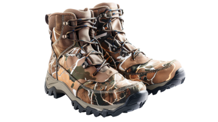 Camouflage hunting boots isolated on transparent background