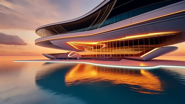 Futuristic architectural design by the water during sunset