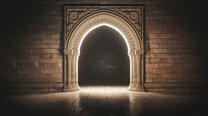Fototapeta premium Ancient stone archway illuminated passage mysterious interior