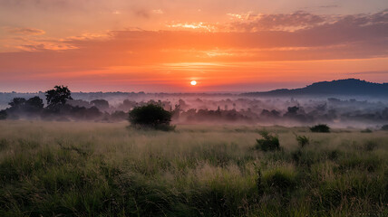 Fototapeta premium Sunrise over a misty grassy plain with a forested hill