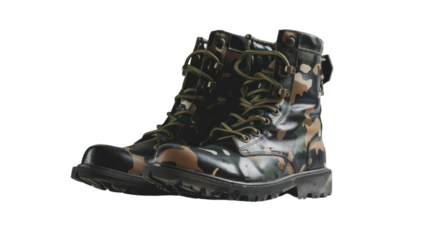Camouflage combat boots isolated on transparent background