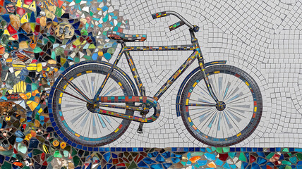 Mosaic bicycle framed by colorful tiles.
