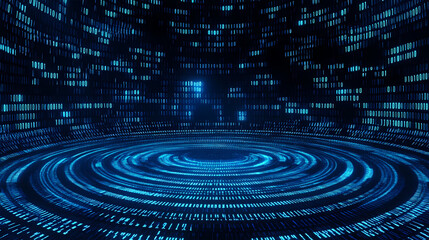 Binary Code Circle with City Silhouette Above