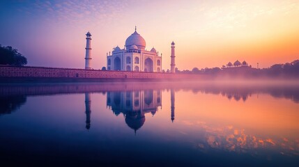 Magnificent Taj Mahal at dawn reflected in tranquil waters under pastel sky