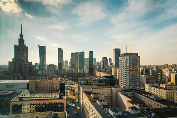 Warsaw city center, a window view to the capitol of Poland. Skyscrapers in Warsaw. Office buildings in the business part of the city. Glass and steel structures. Center of Warsaw. Modern office buildi