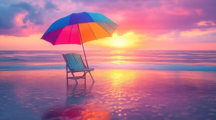 Sunset beach chair umbrella calm ocean (4)