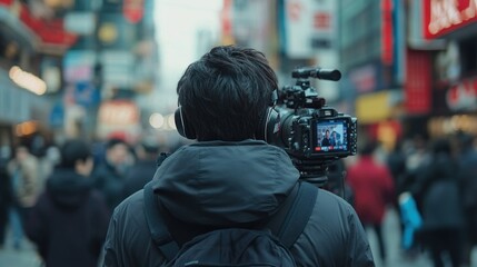 Cameraman broadcasting live on busy city street capturing urban atmosphere