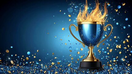 A blue trophy with golden flames and sparkles on a glittering blue and gold background symbolizing victory and celebration