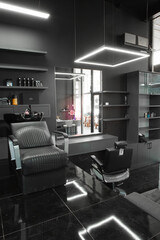 dark barbershop interior in graffiti and pink tones stylish design
