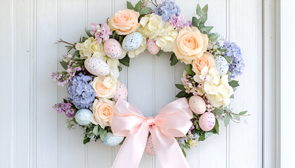 Obraz premium Elegant easter wreath adorned with pastel flowers and decorative eggs for festive spring decor