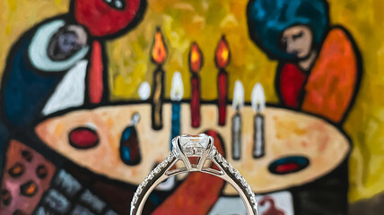Diamond engagement ring festive backdrop celebration abstract art style