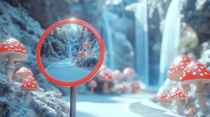Surreal road mirror, mushrooms, waterfall