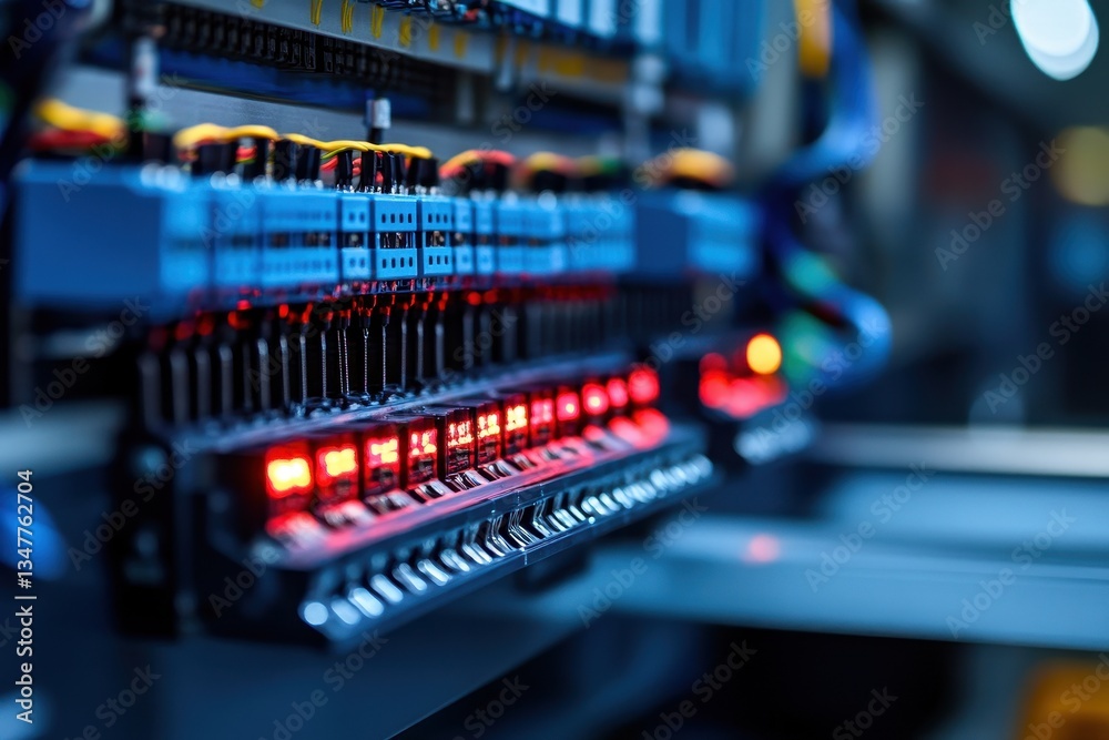 Poster a control panel with blinking red lights and blue components is close up. it represents complex syst