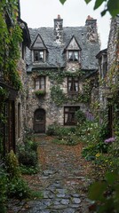 Stone courtyard, charming house, autumnal garden.