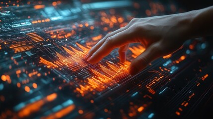 Fingertip interacts with glowing digital data stream.