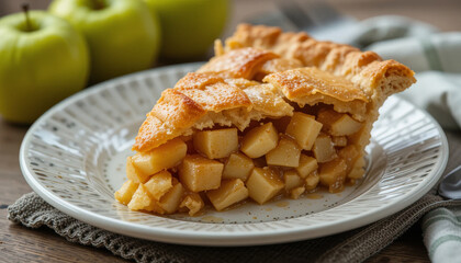 Delicious apple pie slice with golden crust and fresh apples, perfect for dessert lovers