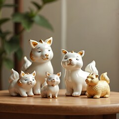Obraz premium Elegant display of Chinese zodiac animal figurines on wooden table. Home decor interior design. Collection features ceramic miniatures. Representation of zodiac signs, prosperity, harmony. Artistic