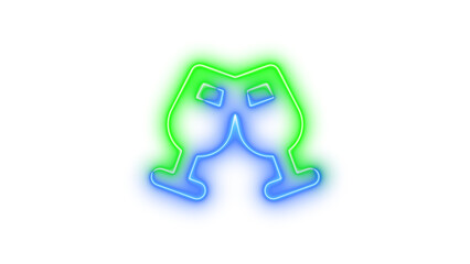 Neon champagne glasses symbol icon blue green color glowing with transparent background