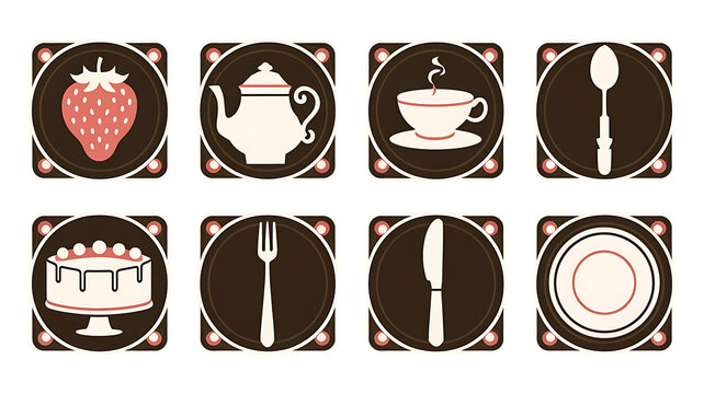 Vintage cafe icons retro food graphics brown and pink theme