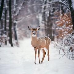 Whitetail Deer Winter Forest Path.
