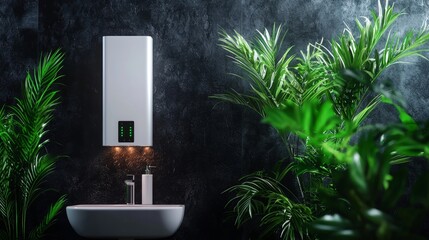 Smart utility corner with a digital water heater, minimalist design, glowing display, smooth walls, bright lighting, clean tech look
