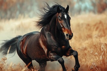 Obraz premium Majestic black horse in a golden field.