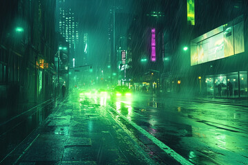 Fototapeta premium Futuristic wet city street with lush green and deep sapphire neon lights reflecting on the pavement