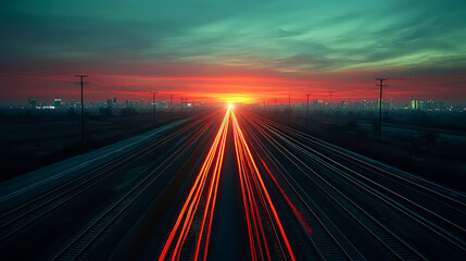 Obraz premium Red Trails of a Train at Sunset: An Urban Cityscape Journey