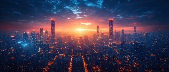 Fototapeta premium Sunset cityscape, vibrant orange and blue hues