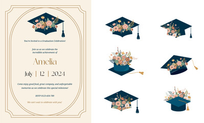 Art Deco Framed Graduation Party Invitation with Floral Graduation Caps