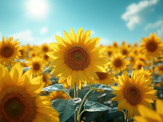 Obraz premium Bright sunflowers bask in sunny field, vibrant summer scene.