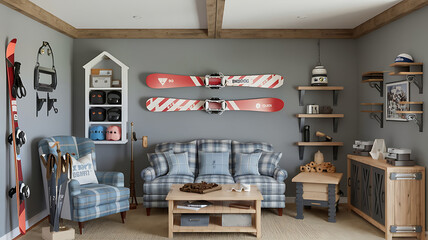 Cozy ski lodge living room rustic decor plaid couch wooden accents