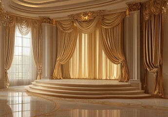 Luxurious golden curtains in grand hall with stage.