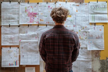 Man analyzes data filled wall with diagrams and graphs