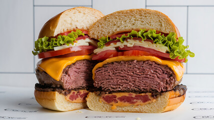 Two juicy layered gourmet burgers perfect for a food-focused ad or menu