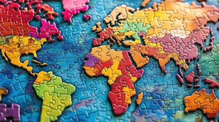 A close-up of colorful puzzle pieces fitting together to form a world map, with vibrant colors representing different continents and countries, creating an engaging and educational visual.