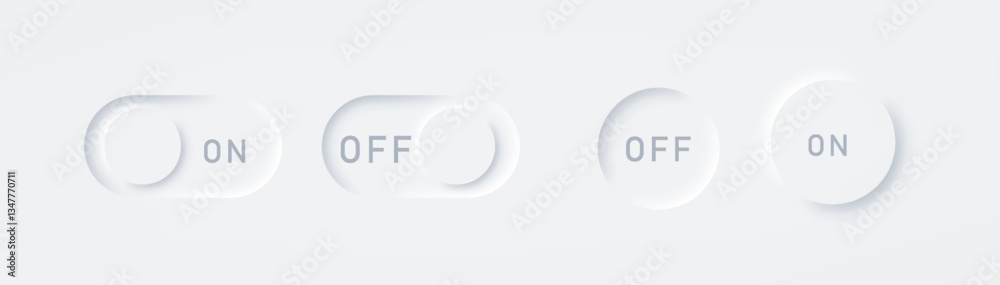 Poster neomorphism on and off buttons set. rounded neumorphic badge. smooth white futuristic touch for app 