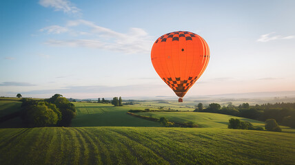 Obraz premium Sunrise hot air balloon over rolling green fields
