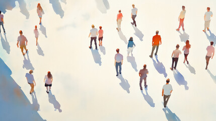 A watercolor painting featuring a group of people seen from above, scattered across a vast, light-colored background