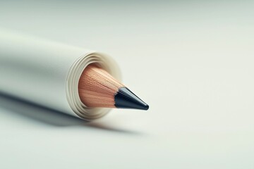 Close-up of a sharpened pencil rolled inside a white tube on a smooth surface capturing creativity and artistry during a calm moment